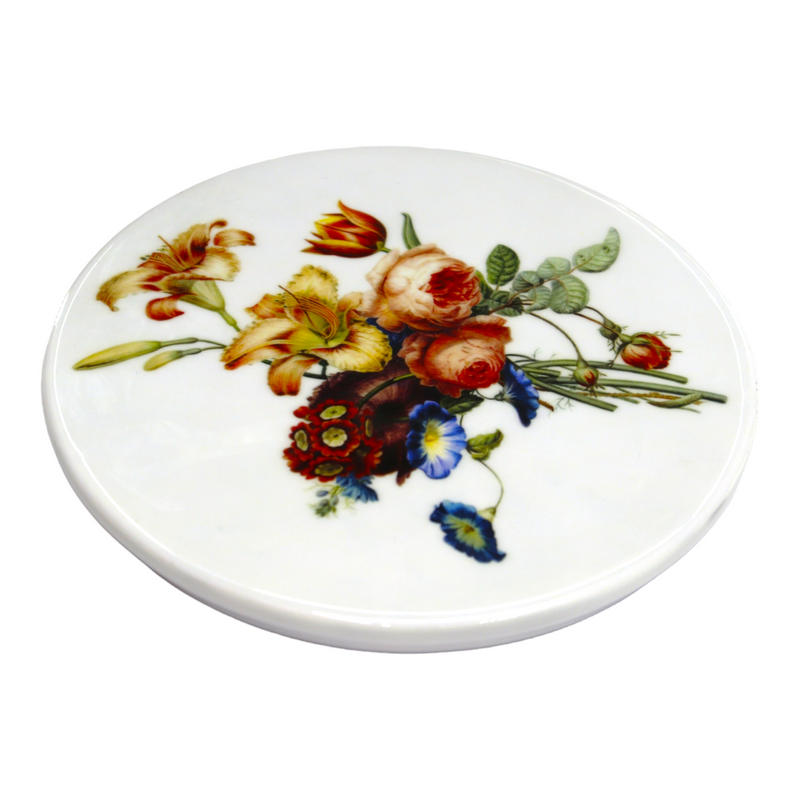 KUVI Printed White Marble Roti Maker with Wooden Belan Enamel Print/White Marble Chakla 10 Inch Diameter with Belan (Red Rose)