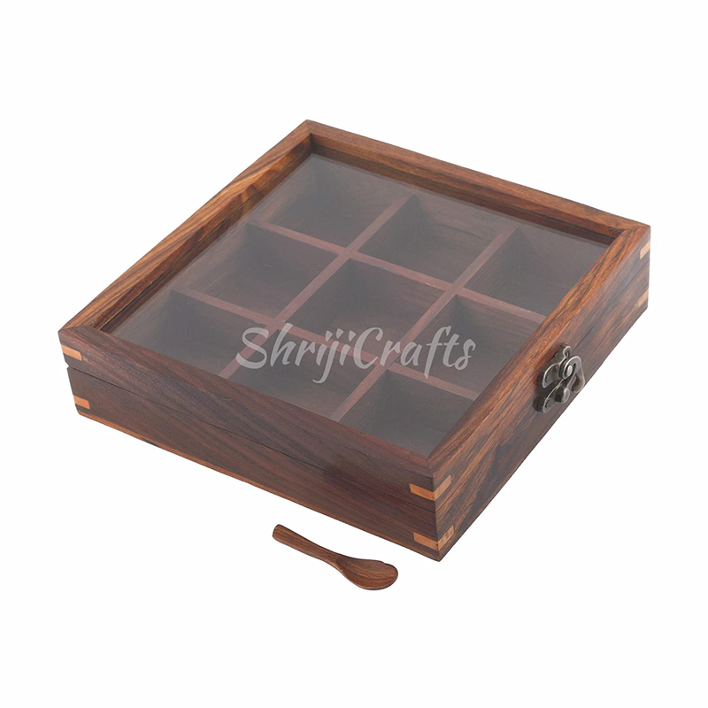 Ortus Arts® Sheesham Wood table top 9 Compartment Spice Box with Spoon - Wooden Masala Box Set for Kitchen Masala Daani Namak Dani Dabba Multipurpose Decorative Boxes Holder