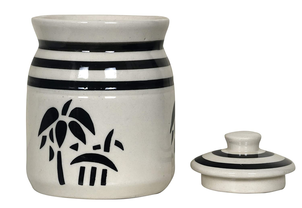 RAJ ROYAL Ceramic Serving Pot Modeling Clay Grey Pottery Handmade Painted Cornichon Crockery Pulses Rice Dry Fruit Pickle Storage Jar For Dining Table Kitchen Set Storage Canister (White) - 2 KG